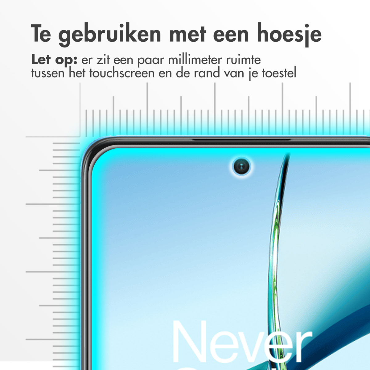 Een schermbeschermer met een liniaal en tekst onderaan.