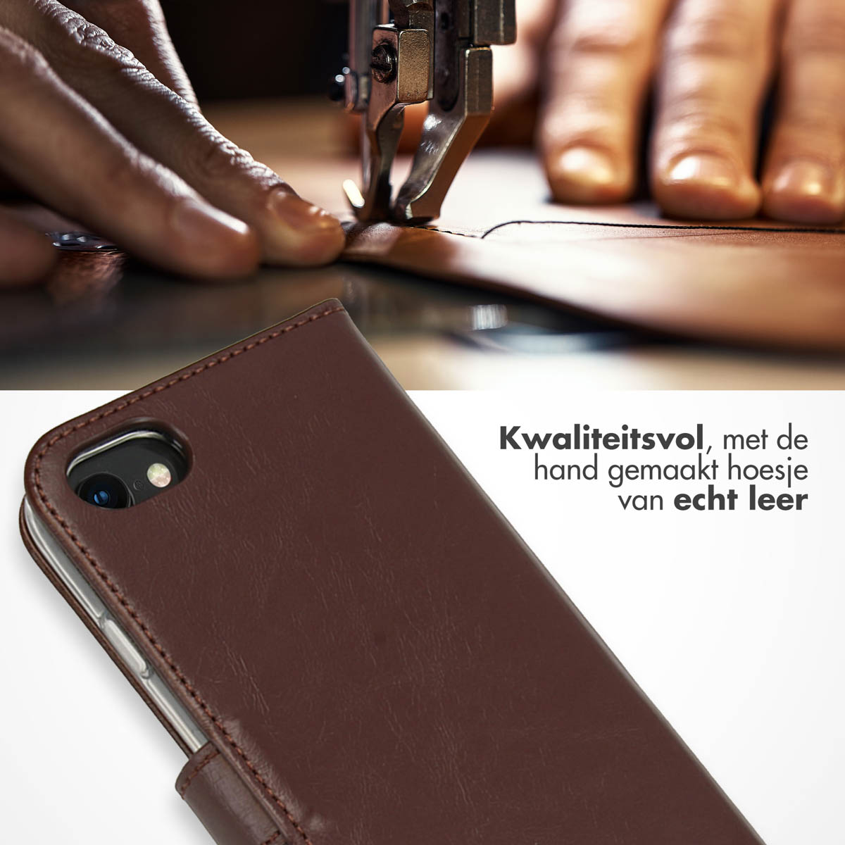 Afbeelding van een bruine leren telefoonhoes die met de hand wordt genaaid, met naaimachine en handen.