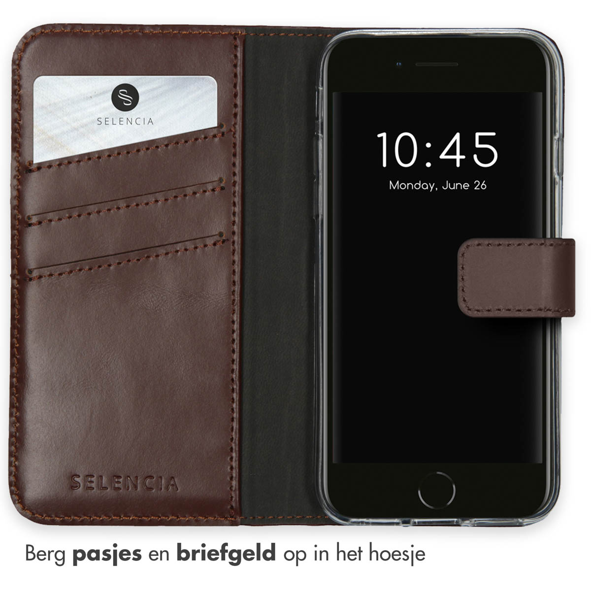 Bruine leren telefoonhoes met kaart en telefoon. Het scherm toont de tijd.