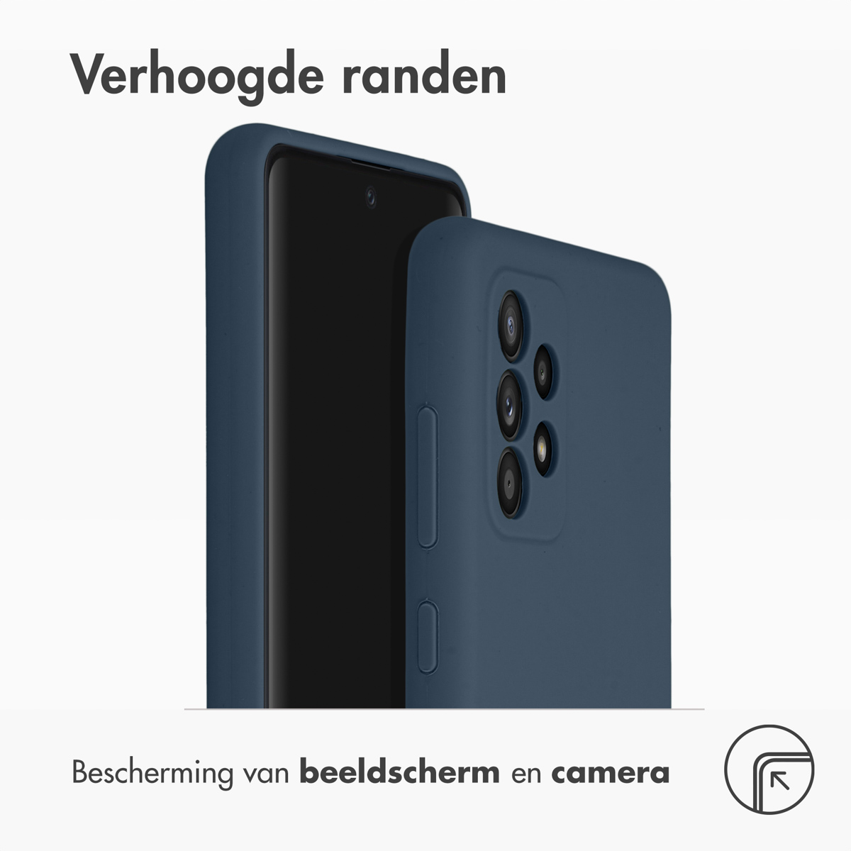 Twee blauwe telefoonhoesjes, één op een telefoon, de andere uit. Tekst zegt 'Verhoogde randen'.
