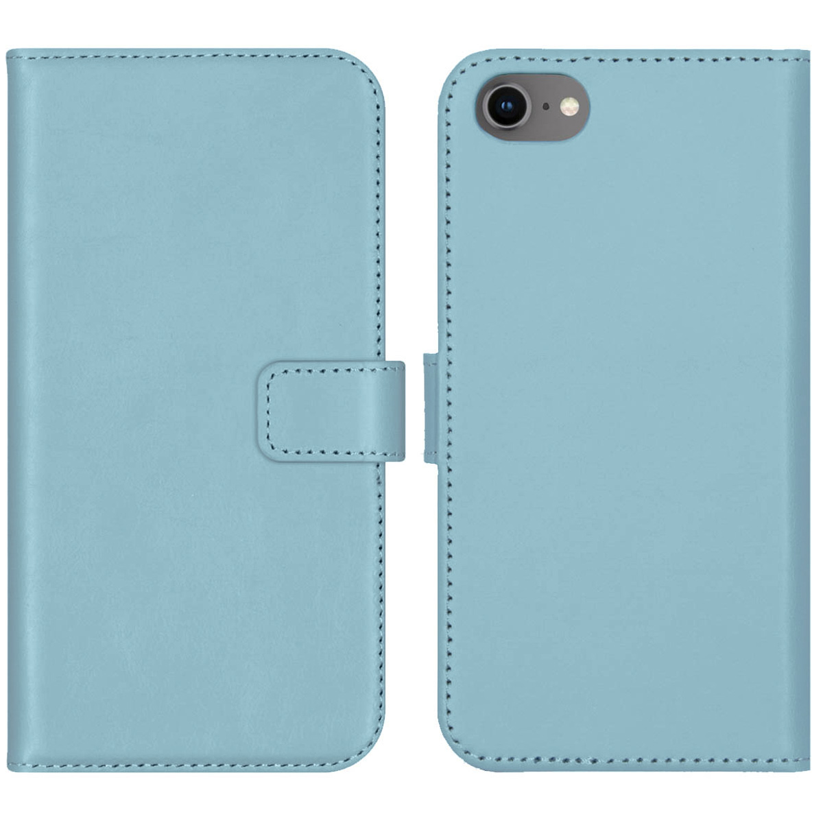 Coque de téléphone bleu clair, ouverte. Fond blanc.