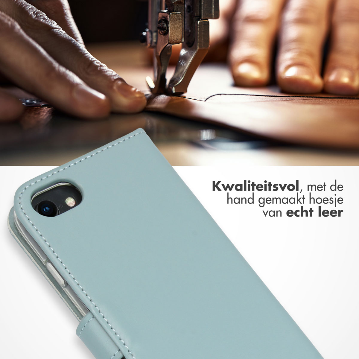 Un étui de téléphone bleu clair en train d'être cousu. Le texte dit qu'il est en cuir.