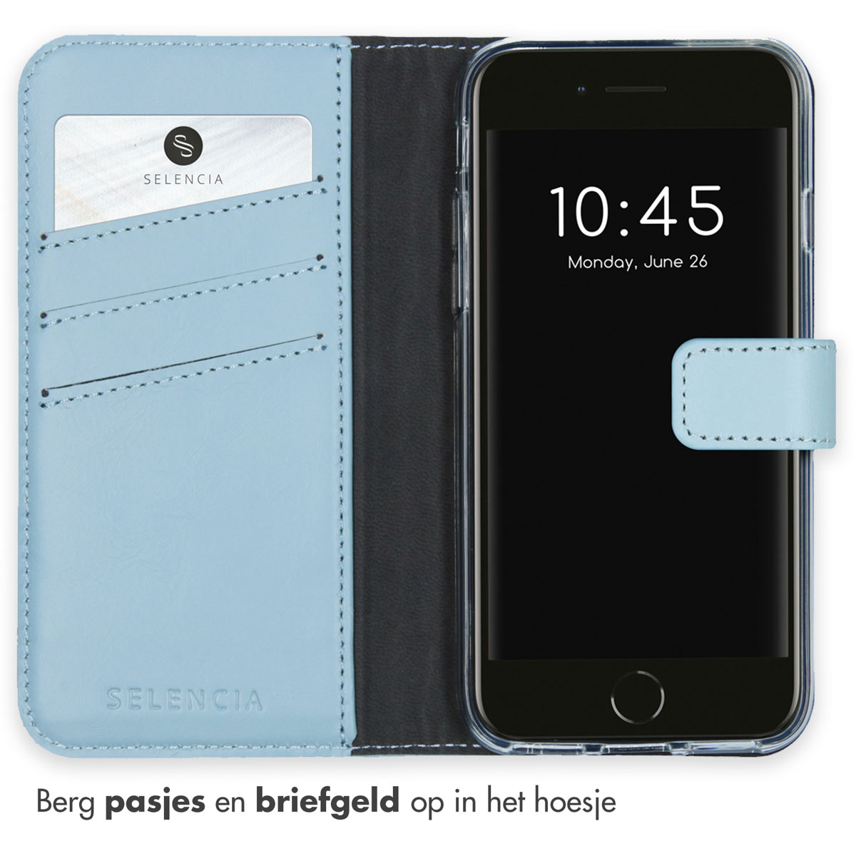Coque bleue, ouverte, avec téléphone affichant une horloge. Avec fentes pour cartes et ferm. magnétique.