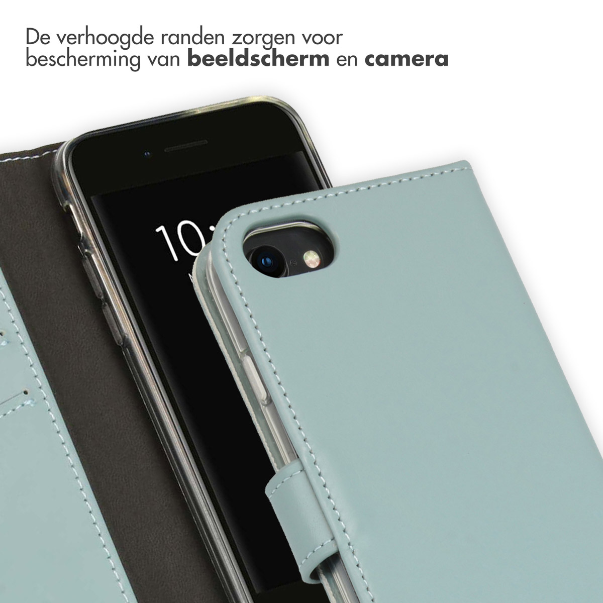 Coque de téléphone bleue avec un téléphone à l'intérieur. L'étui est ouvert, montrant l'écran.