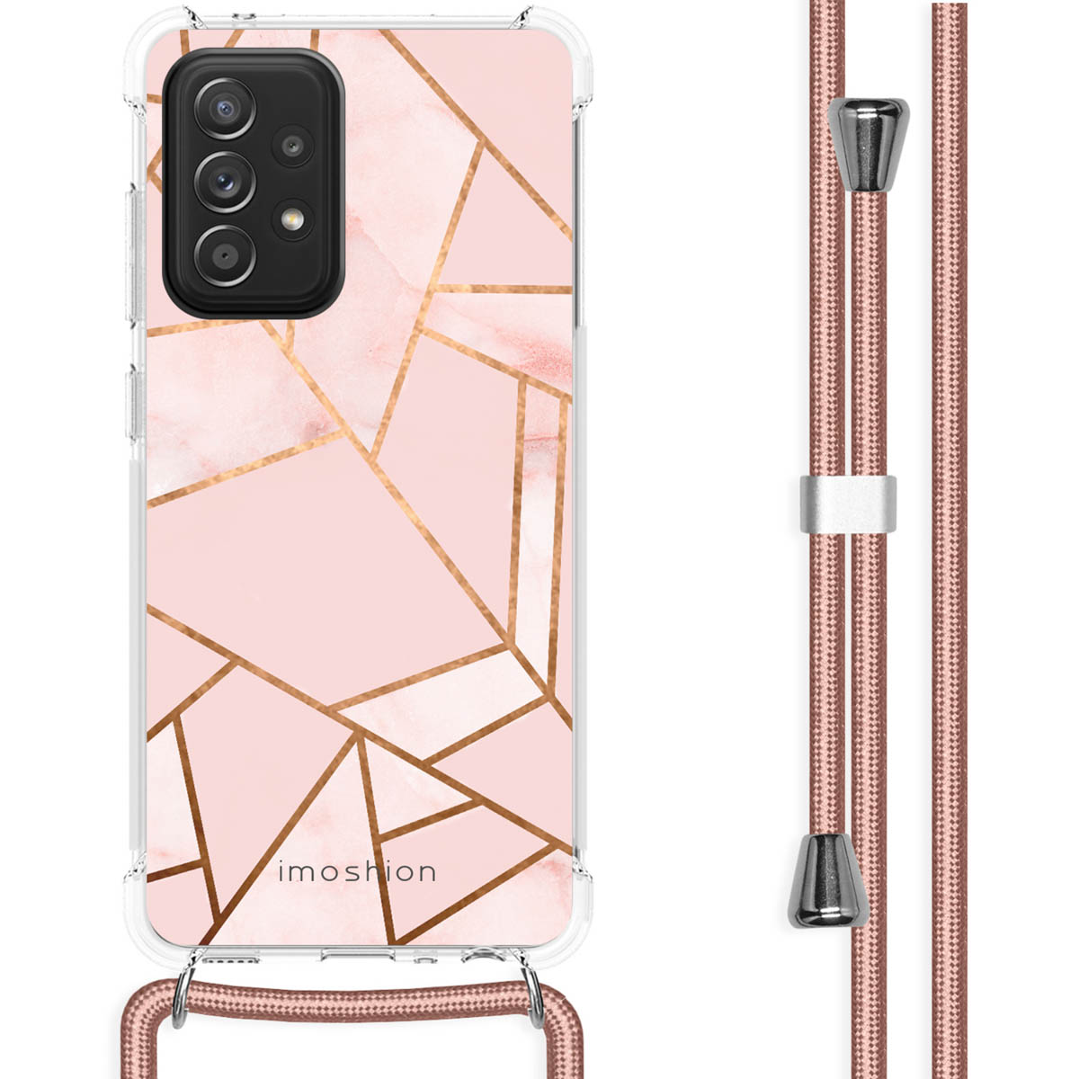 Een smartphone met een roze hoesje met gouden geometrische vormen en een koord.