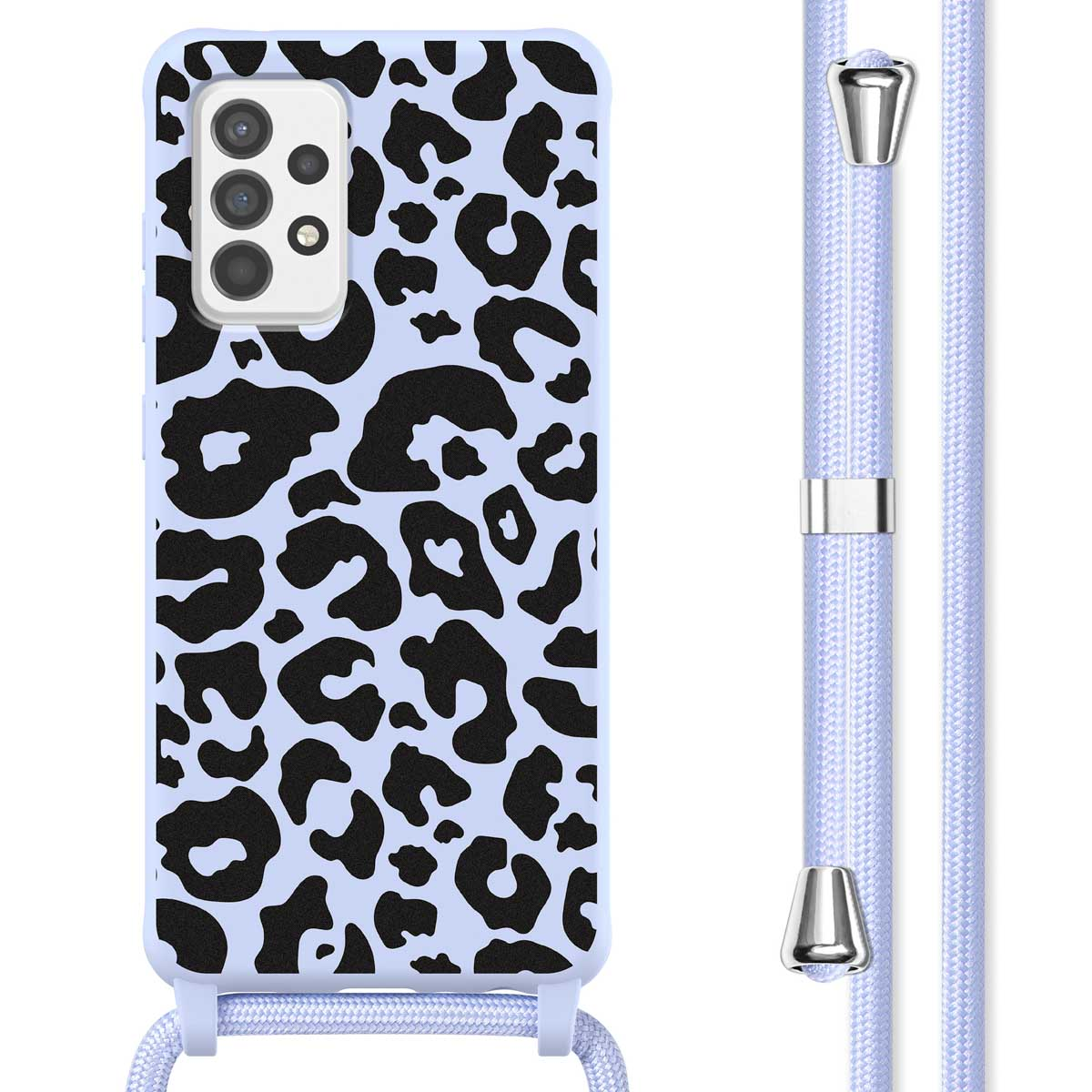 Telefoonhoesje met luipaardprint en lichtblauw koord op witte achtergrond.