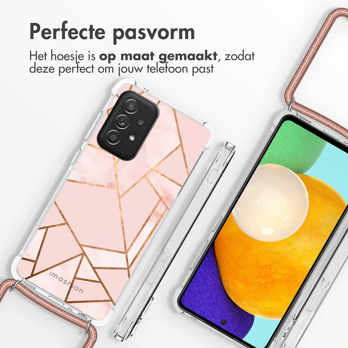 Telefoonhoesje met roze geometrisch ontwerp. Tekst: Perfecte pasvorm. De hoes past perfect op de telefoon.