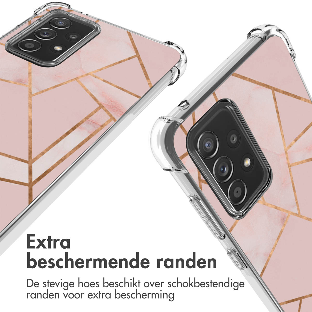 Telefoonhoesjes met roze marmer en gouden geometrisch design, heldere randen, witte achtergrond.
