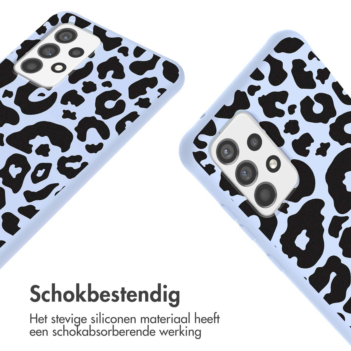 Blauwe telefoonhoes met zwarte luipaardprint. Twee hoesjes op een wit oppervlak.