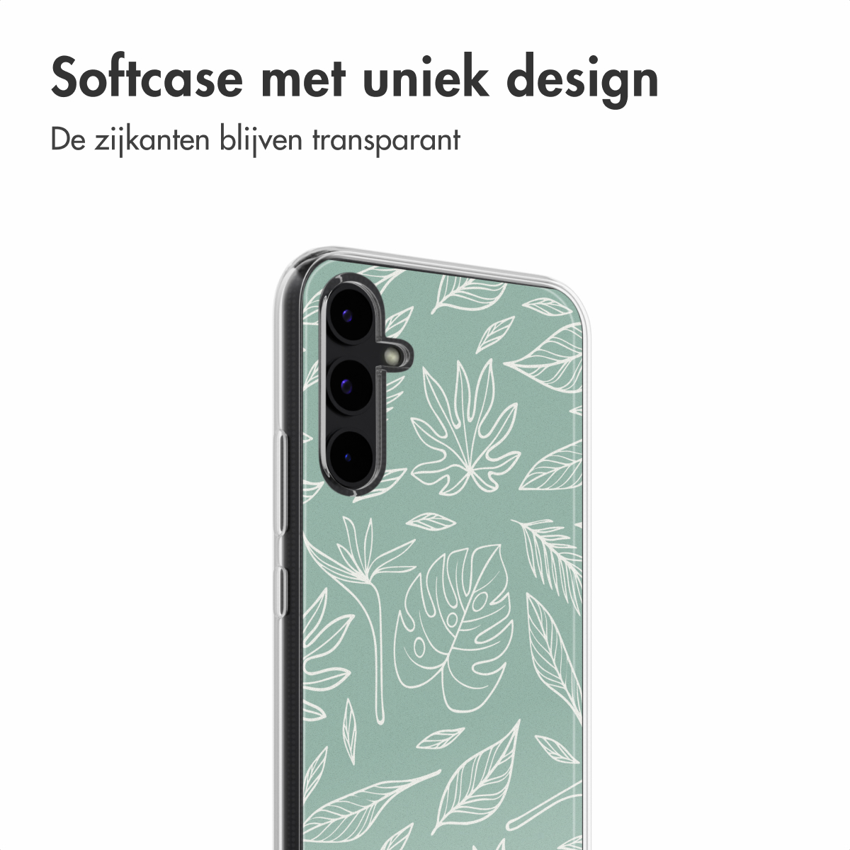 Custodia per telefono con un design a foglie. Il telefono è visibile, con un bordo trasparente.