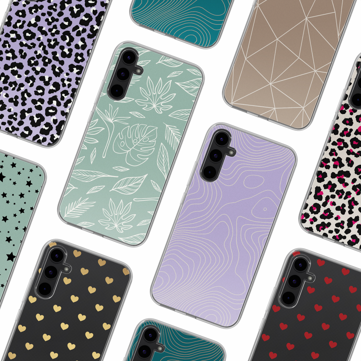 Diverse custodie per telefono con motivi vari: leopardo, foglie, cuori e design geometrici. Sfondo bianco.