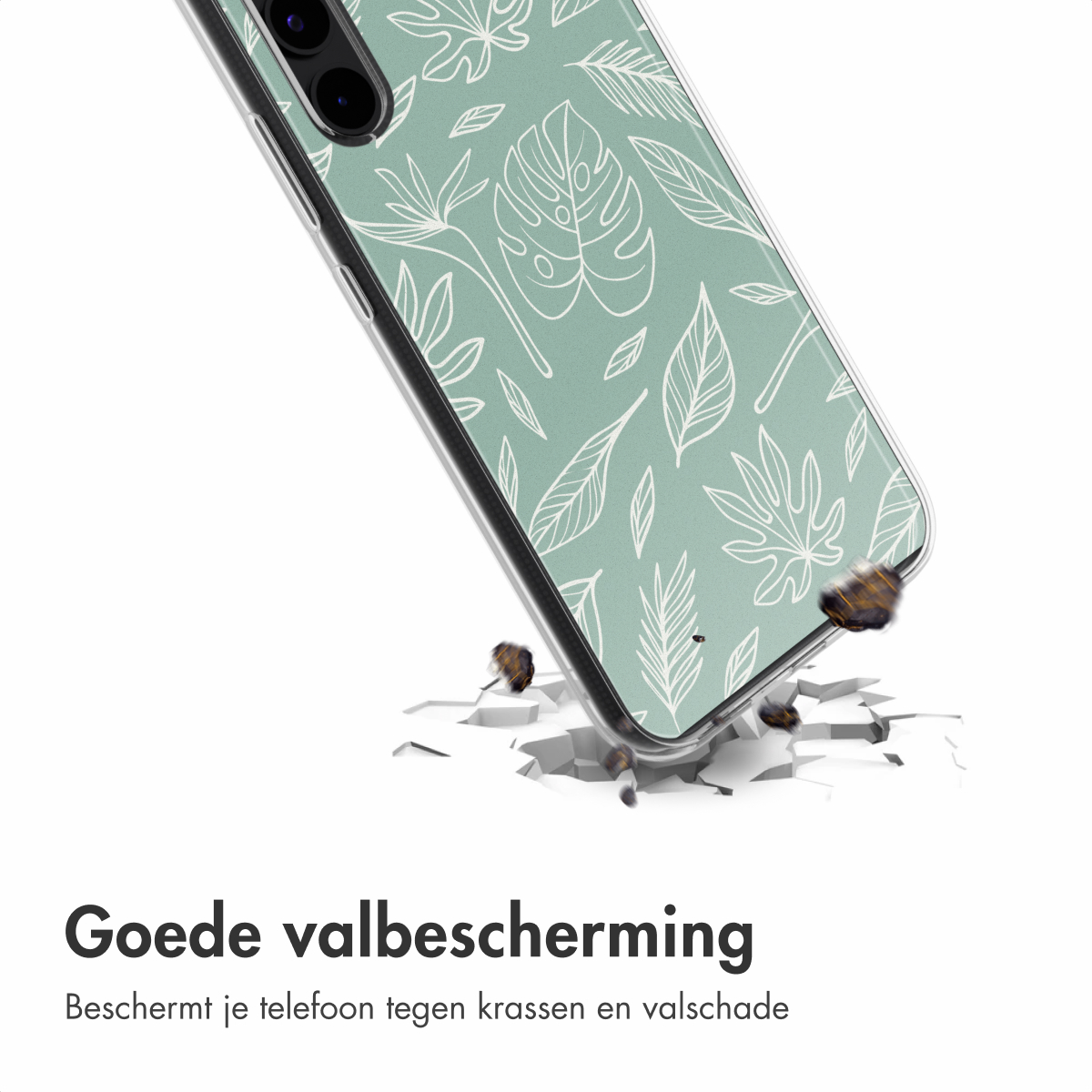 Una custodia per telefono con un design a foglie sta cadendo. La custodia ha una crepa sul terreno.