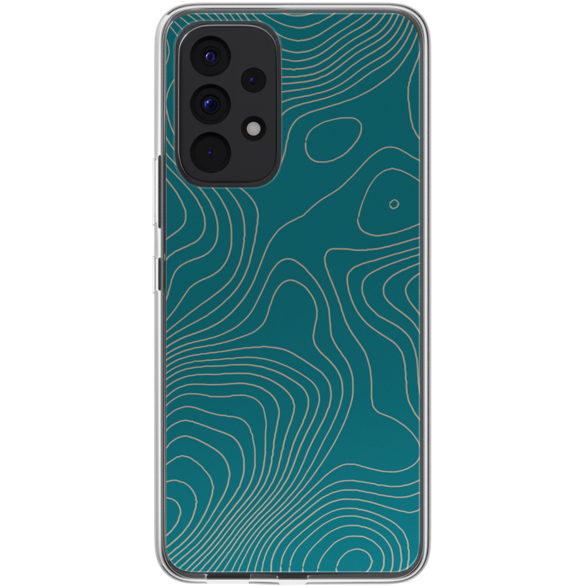 Una custodia per telefono con design mappa topografica verde acqua su sfondo bianco.