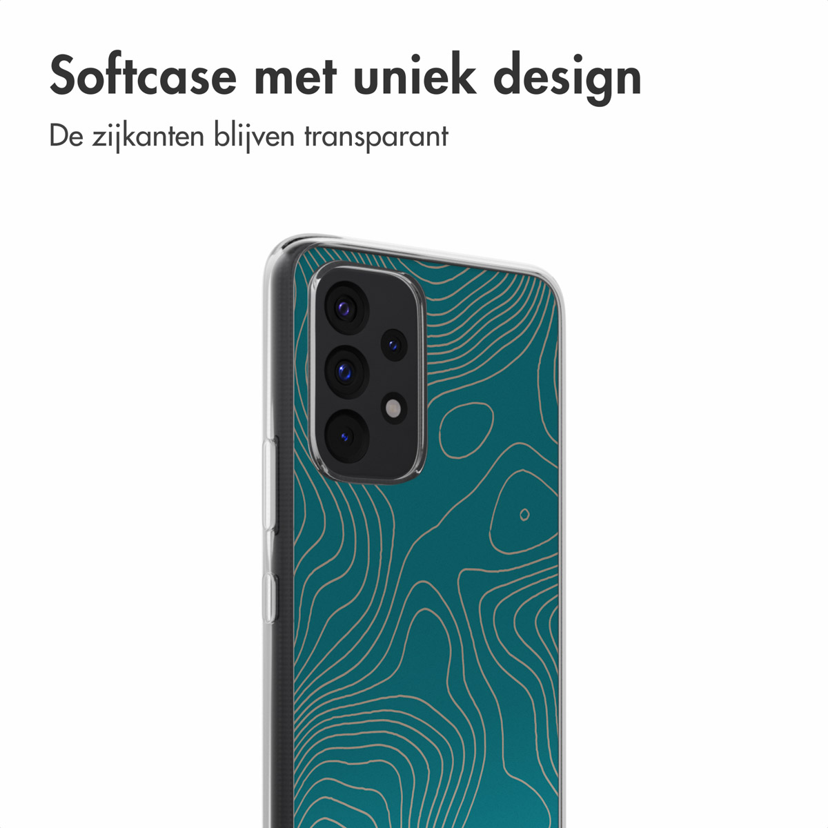 Telefono in una custodia con un motivo topografico verde acqua, sfondo bianco.