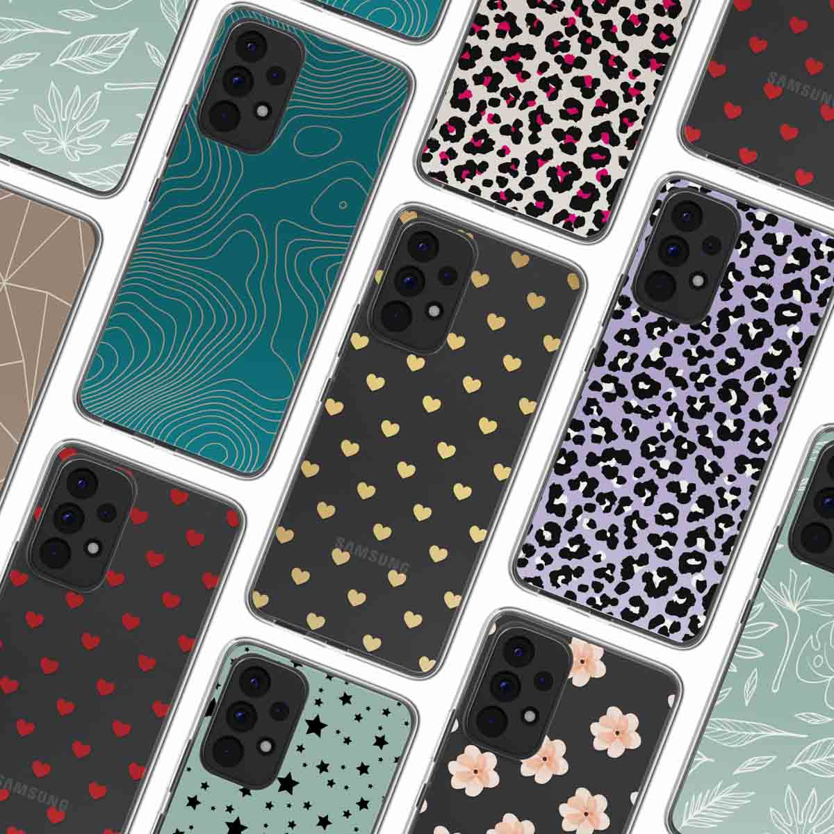 Varie custodie per telefono con diversi design. I modelli includono cuori, stelle e stampe animalier.