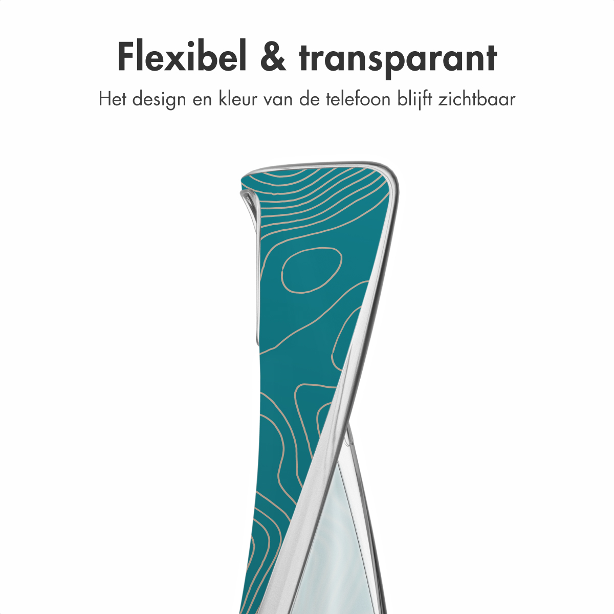 Una custodia per telefono con un design a fantasia. Il testo dice 'Flexibel & transparant'.