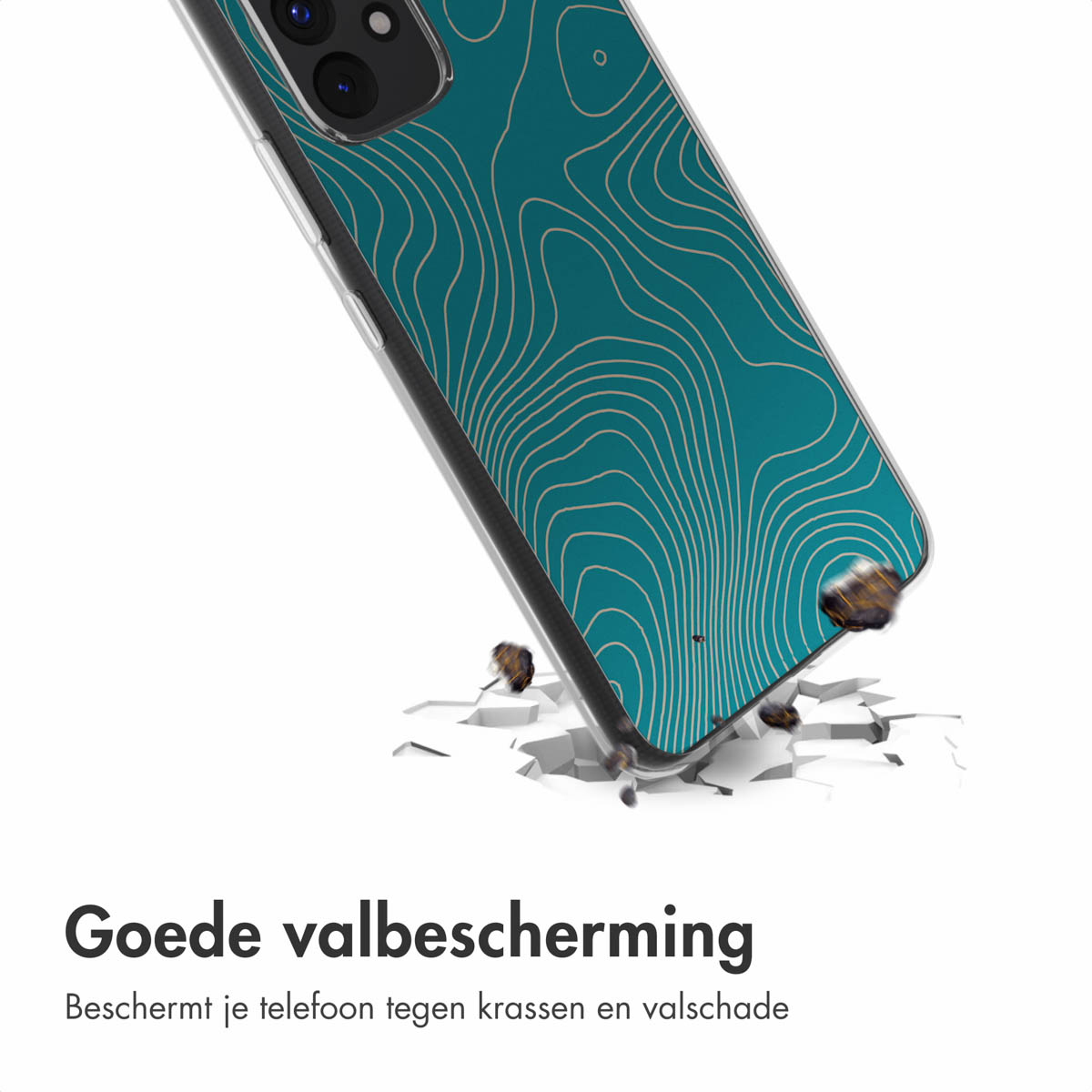 Un telefono in una custodia con un design ad acqua, che spacca il pavimento.