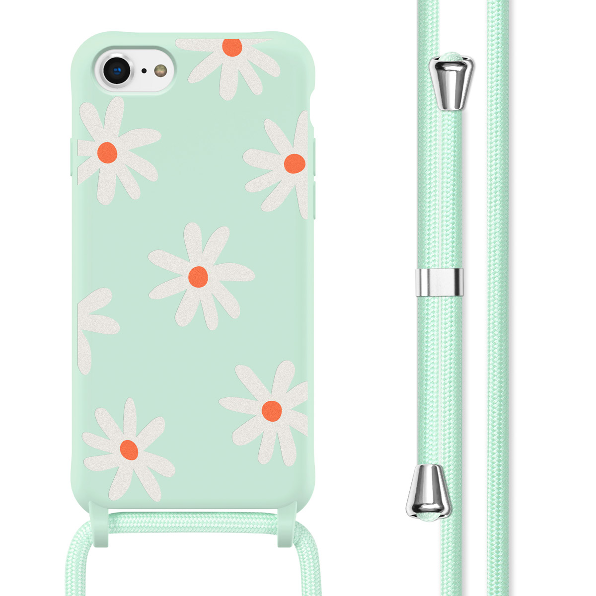 Een telefoon met een mintgroene hoes met wit madeliefpatroon en een mintgroen koord.