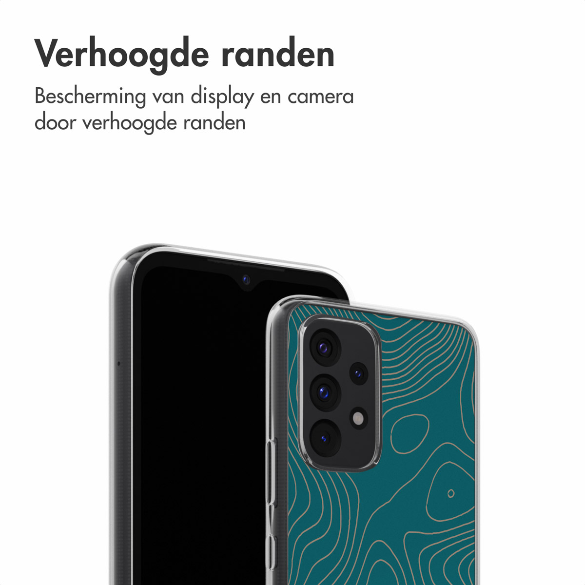 Un telefono in una custodia con un design verde acqua e linee dorate. Testo: 'Bordi rialzati'.