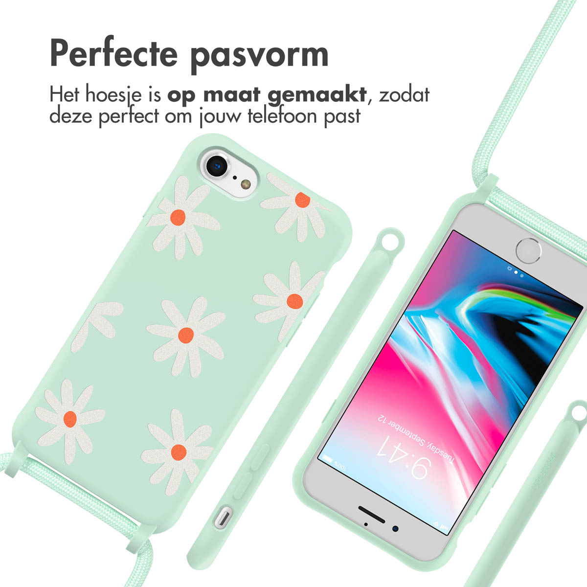 Mintgroene telefoonhoes met witte madeliefjes, telefoon en een riem.