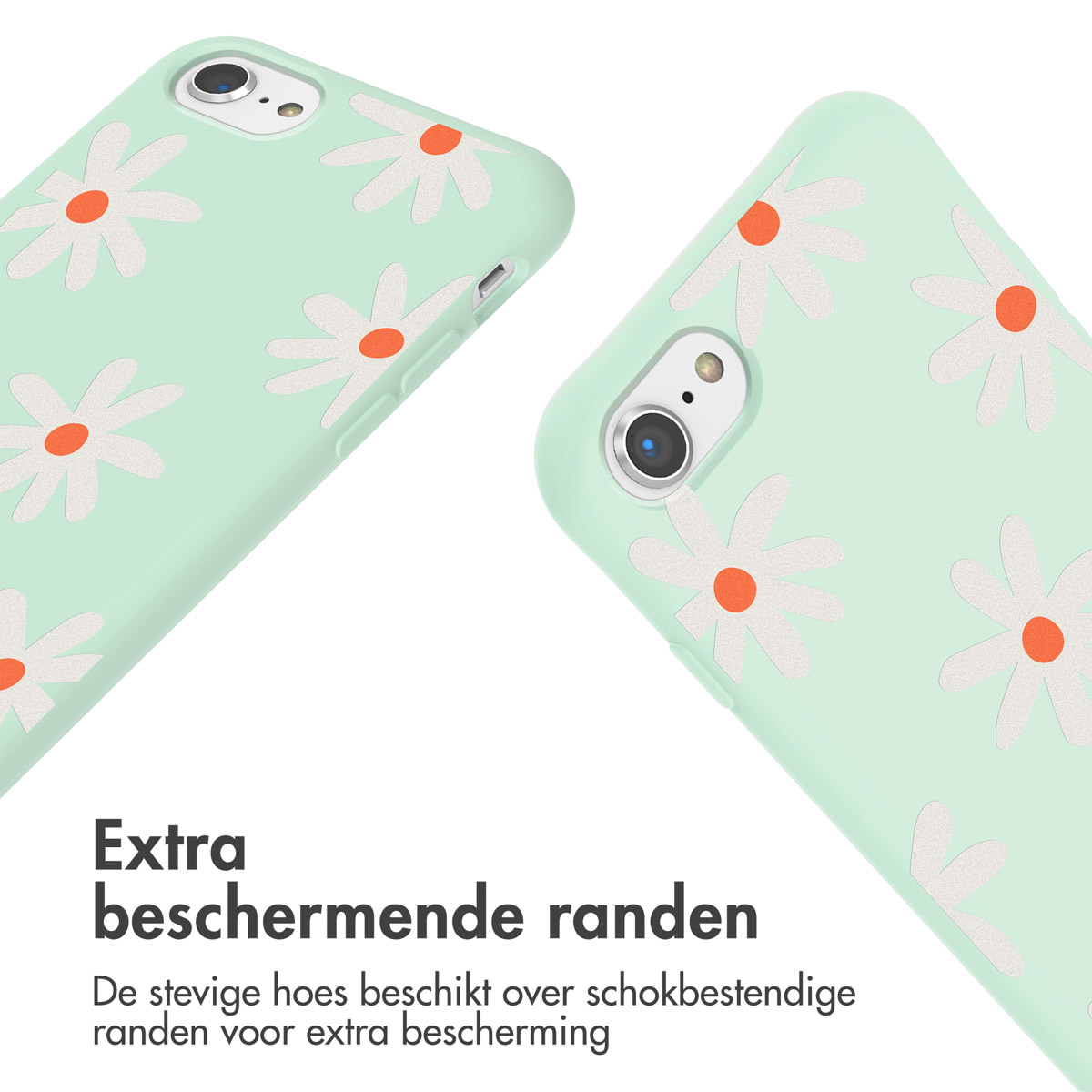 Twee mintgroene telefoonhoesjes met wit madeliefpatroon. Tekst zegt 'Extra beschermende randen'.