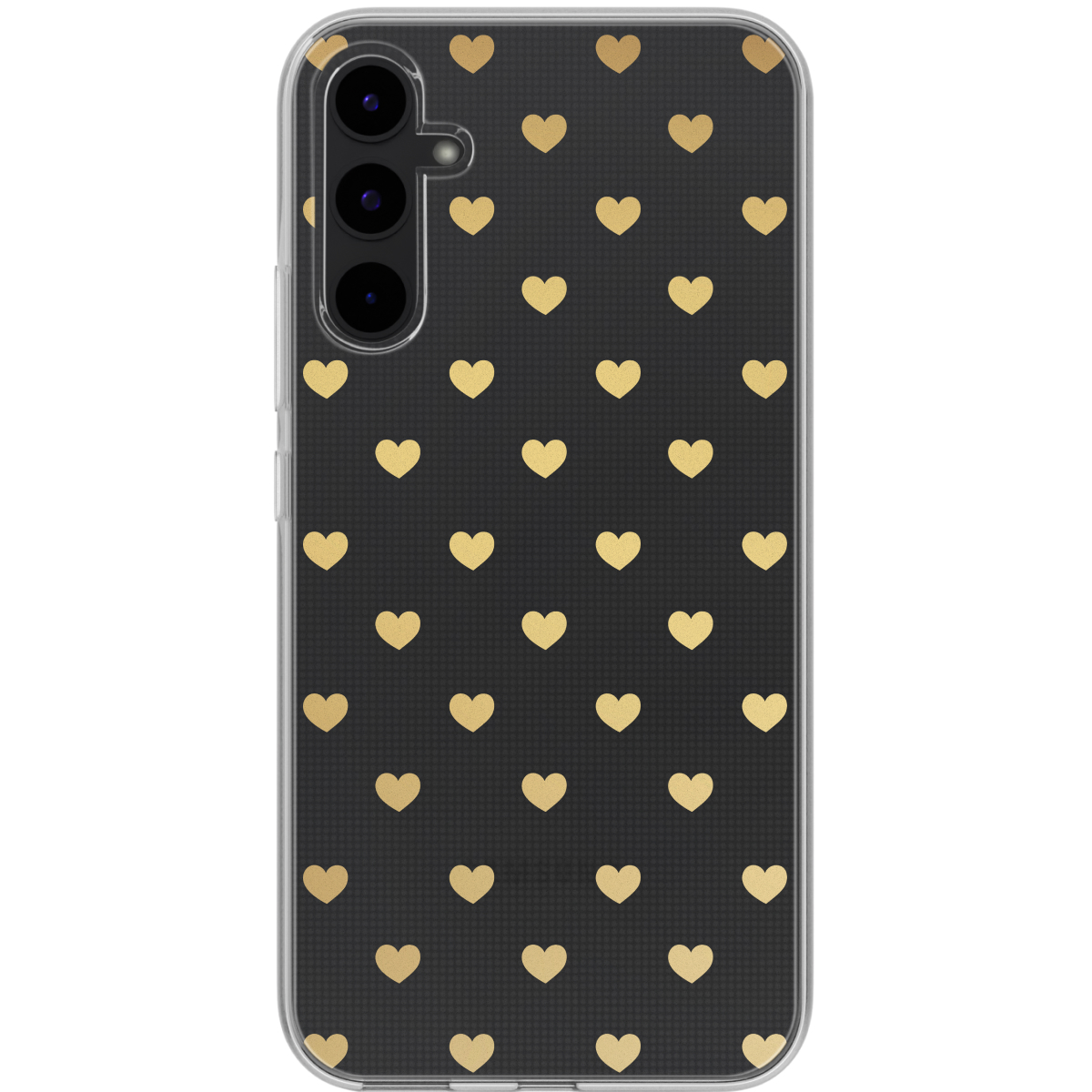 Een telefoonhoesje met een zwarte achtergrond, met gouden harten. De telefoon heeft drie camera's.