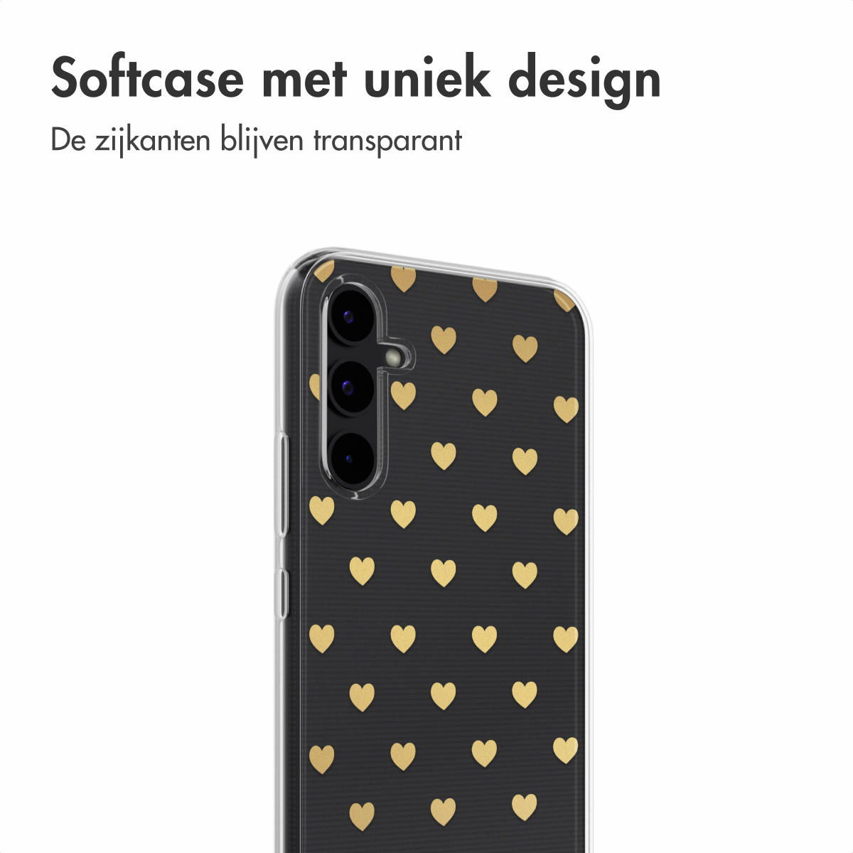 Telefoonhoesje met zwarte achtergrond en gouden harten. Tekst bovenaan: Softcase met uniek design.