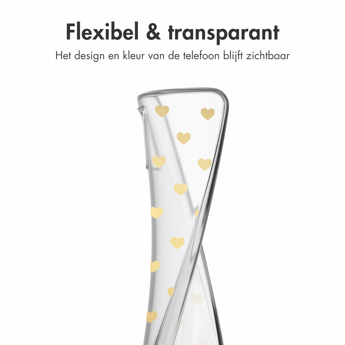 Een transparante telefoonhoes met gouden hartjes. De hoes is gebogen en toont transparantie.