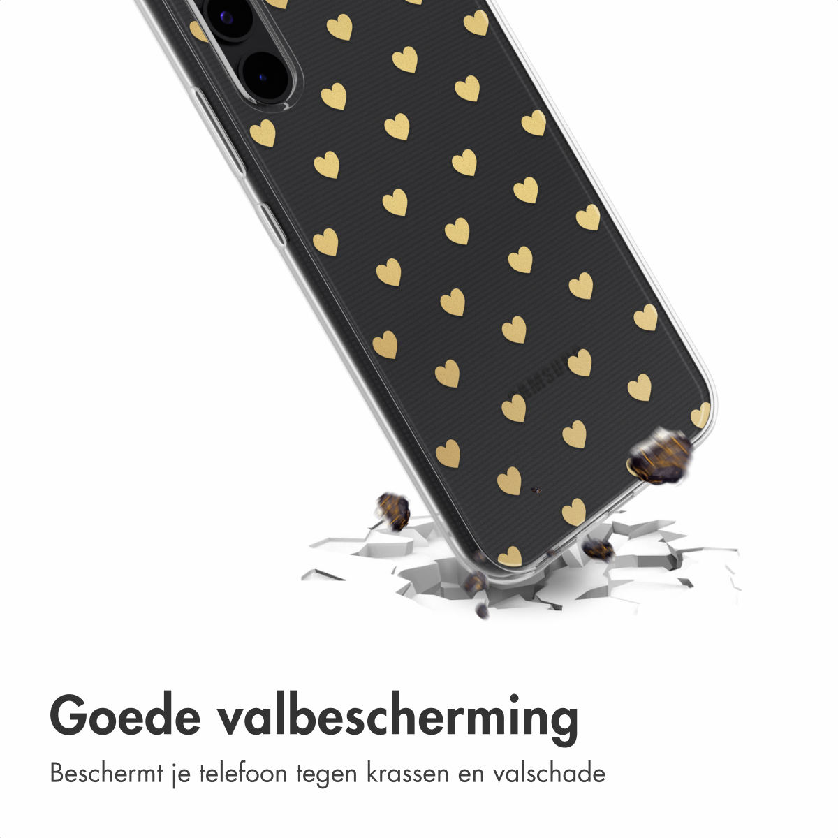 Een telefoonhoesje met gouden harten, dat een oppervlak breekt. De hoes wordt onder een hoek getoond.