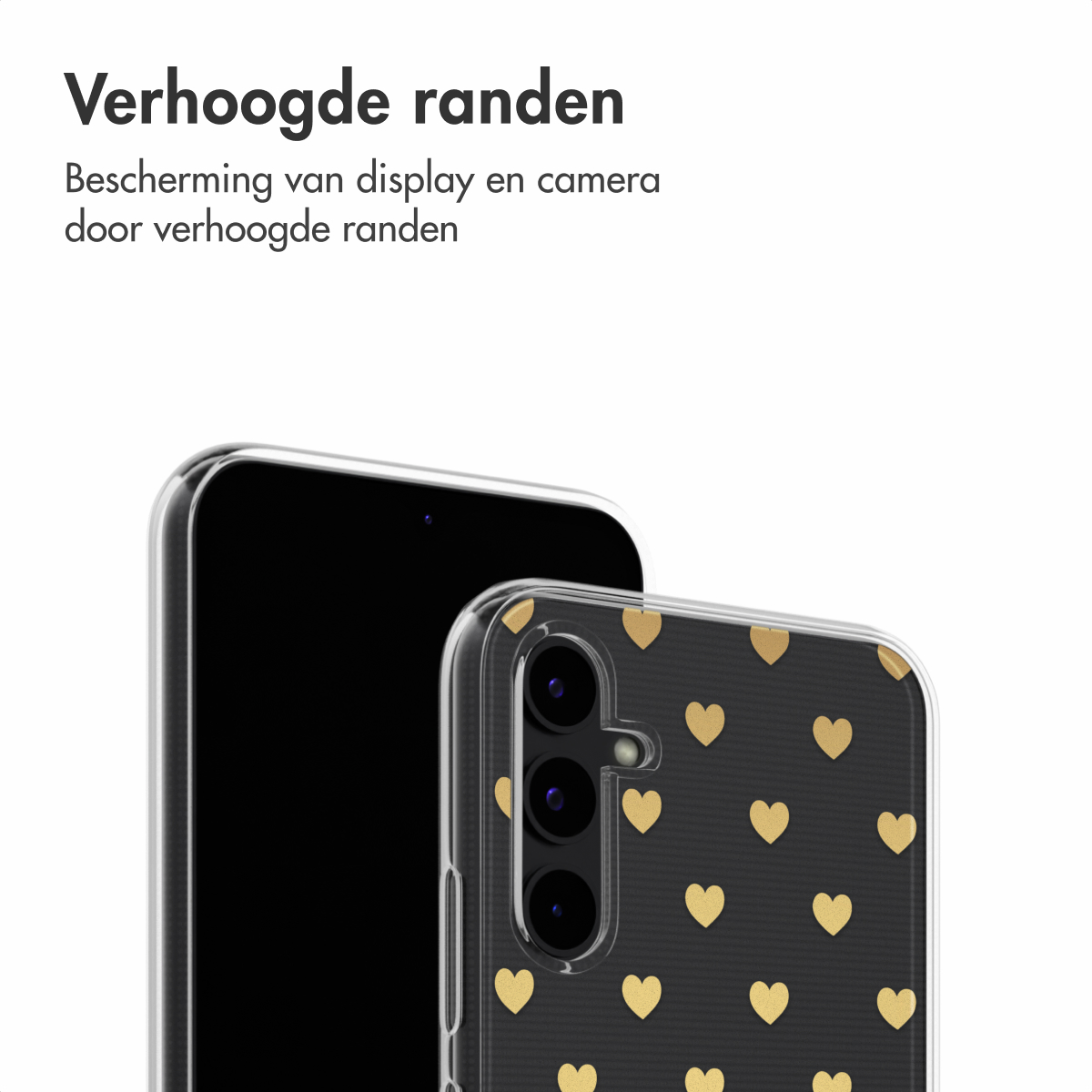 Telefoonhoesje met zwarte achtergrond en gouden hartjes. Telefoon wordt in de hoes getoond.