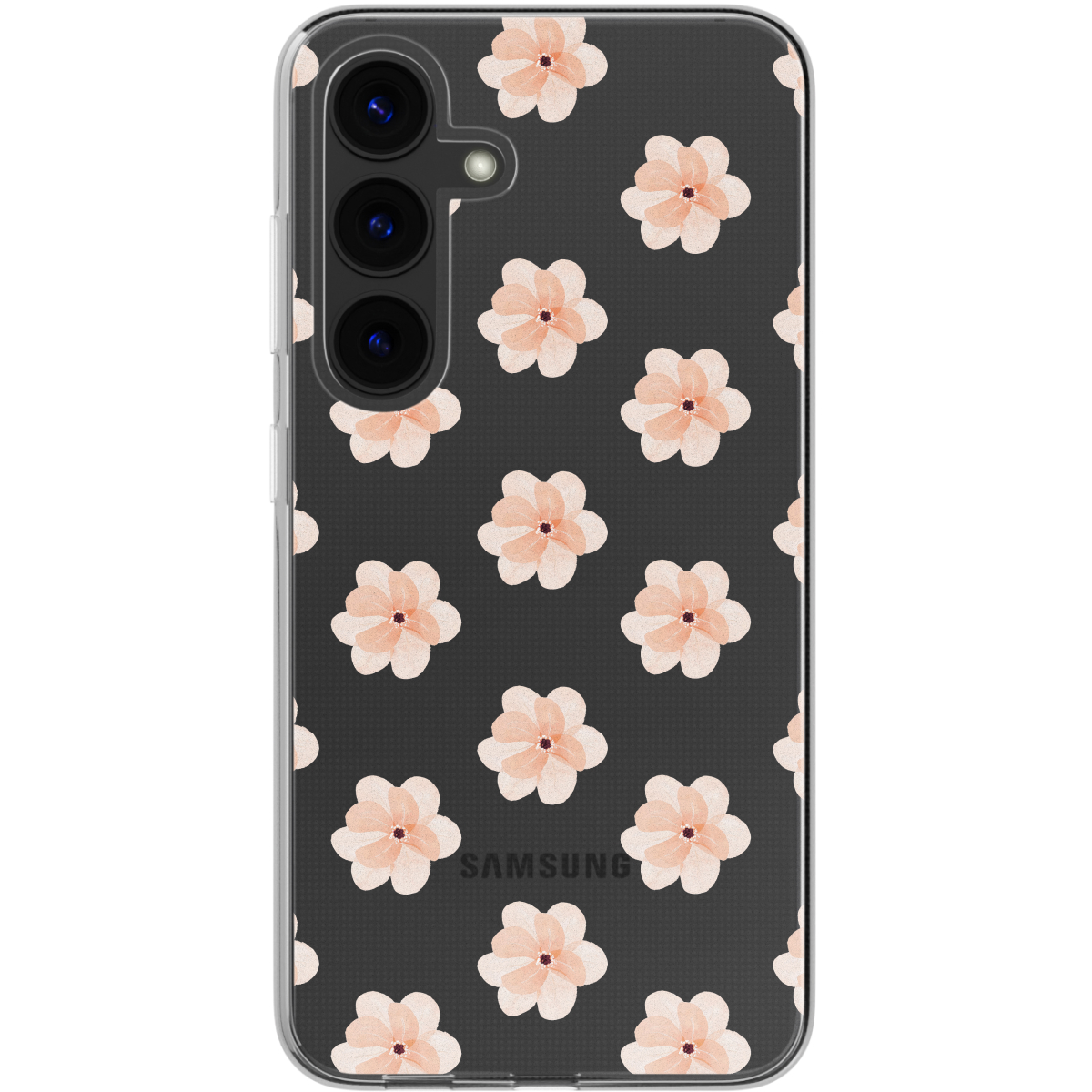 Coque de téléphone noire avec des fleurs pêche. Le téléphone est sur une surface noire.