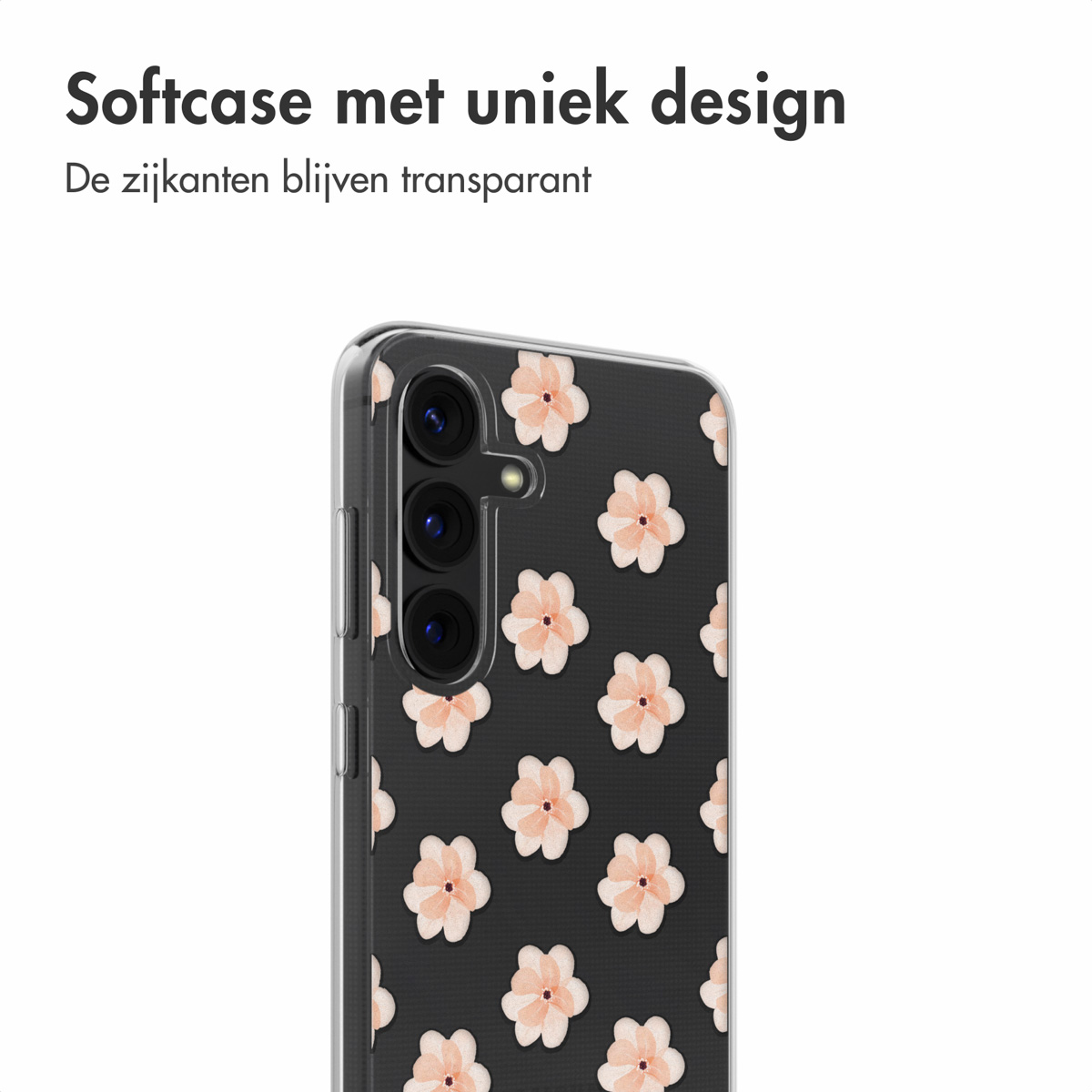 Coque de téléphone avec motif de fleurs roses sur fond noir, texte au-dessus.
