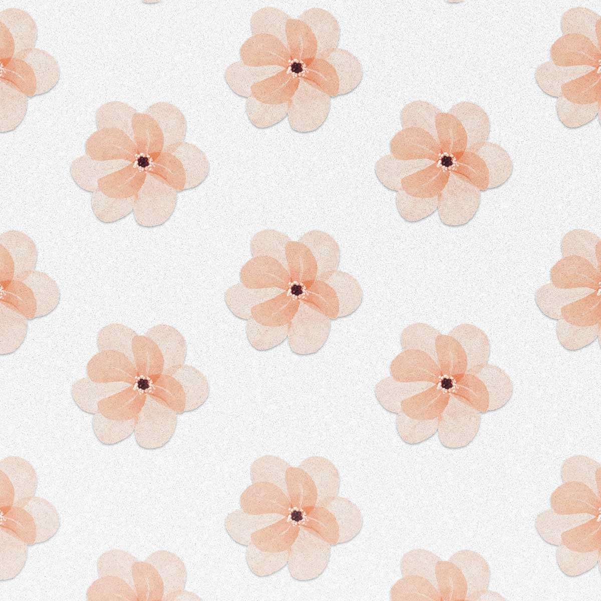 Herhaald patroon van perzik-kleurige bloemvormen op een witte, getextureerde achtergrond.