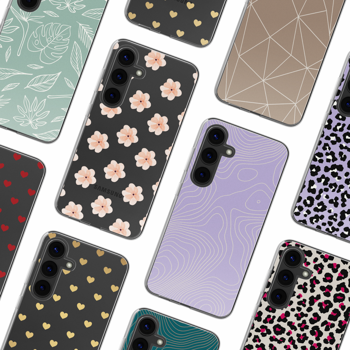 Assortiment de coques de téléphone avec divers motifs : floral, géométrique et imprimé animal, sur blanc.