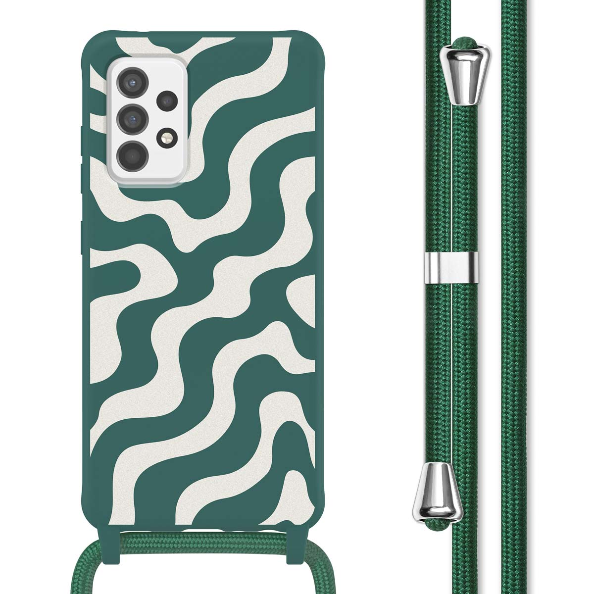 Téléphone avec un étui à motif de vagues vertes et une lanière verte.