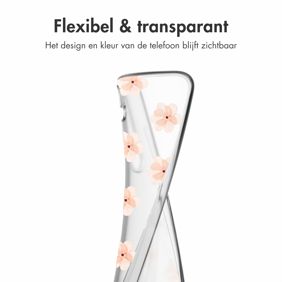 Coque de téléphone transparente avec des fleurs. La coque présente un design flexible et transparent, avec des motifs floraux.