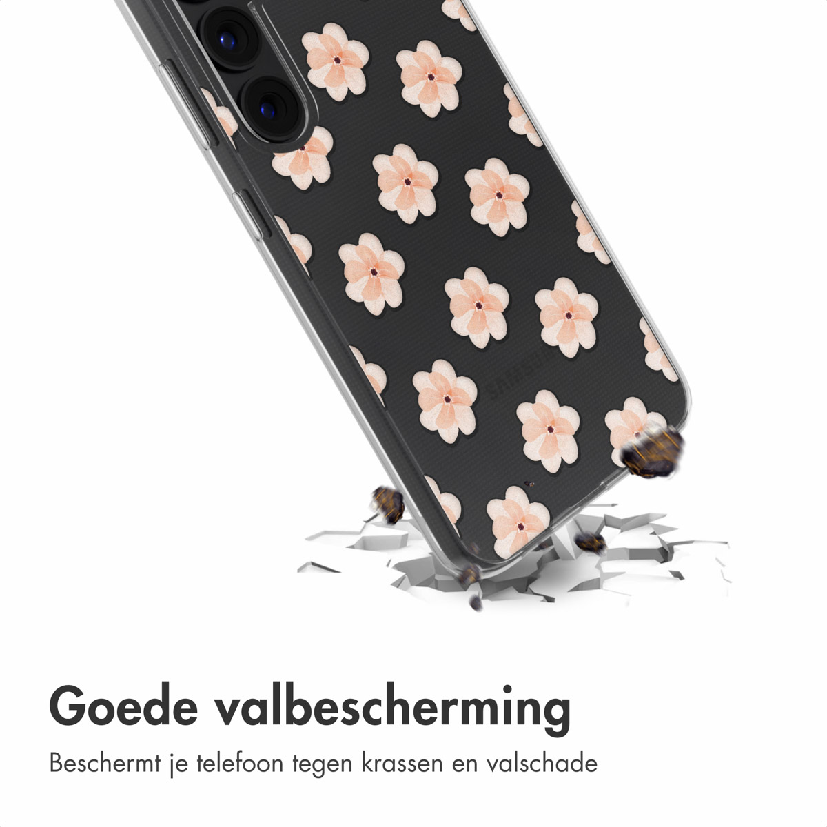 Coque avec un fond noir et des fleurs roses, cassant une surface. Texte : Bonne protection contre les chutes.