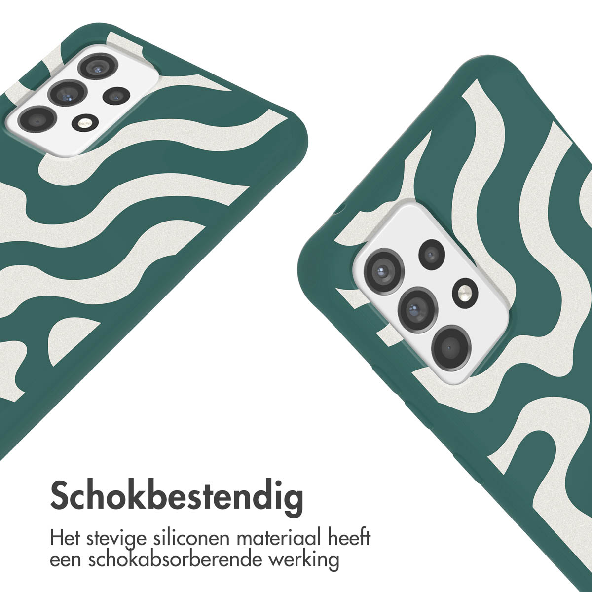 Deux coques de téléphone avec un motif de vagues vertes, montrant l'appareil photo et l'arrière des téléphones.