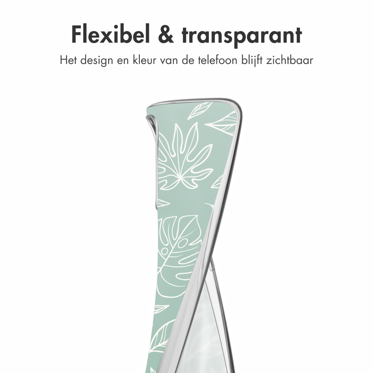 Custodia trasparente con design a foglie bianche. Sfondo verde menta. Sfondo bianco.
