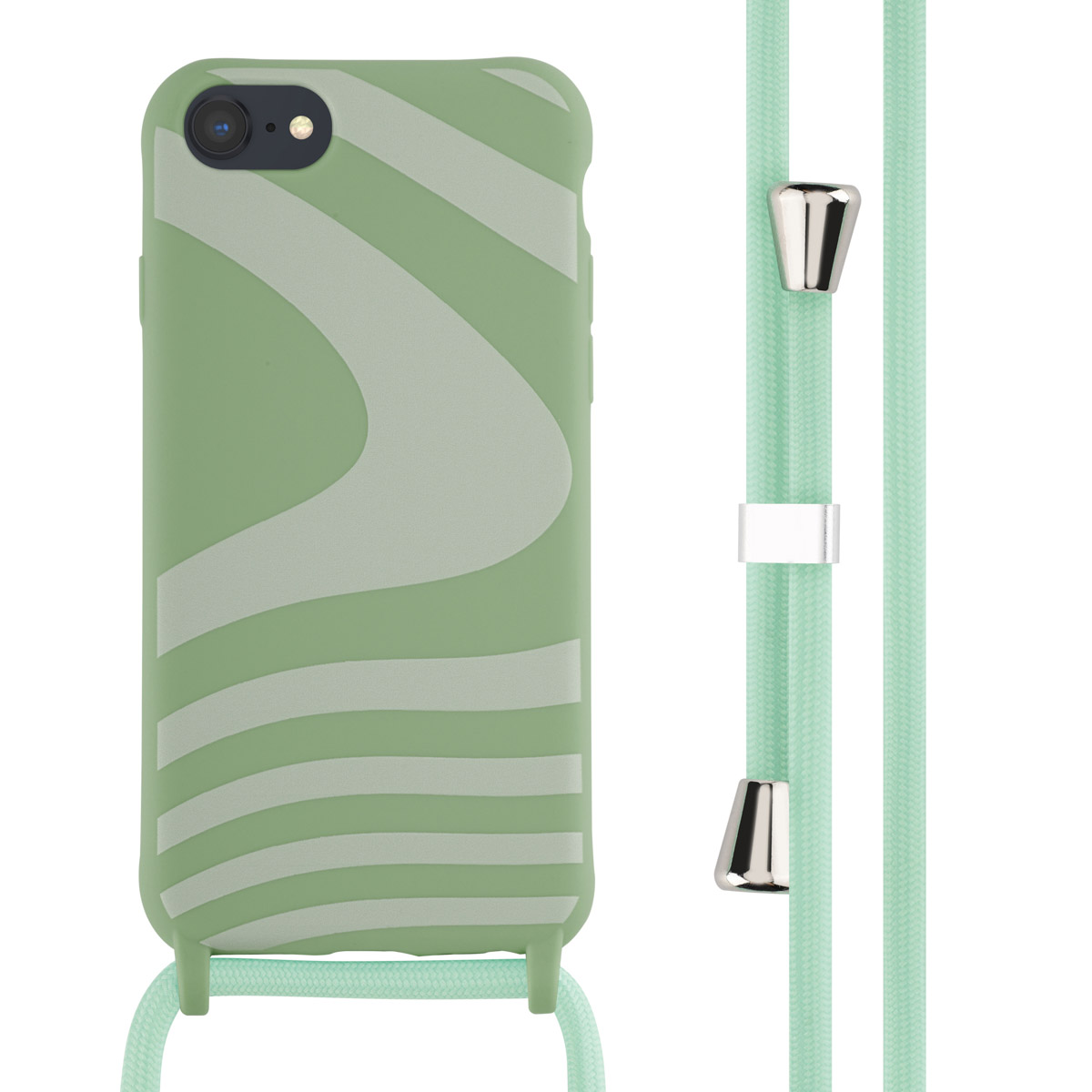 Een groen telefoonhoesje met een golfontwerp en een koord.