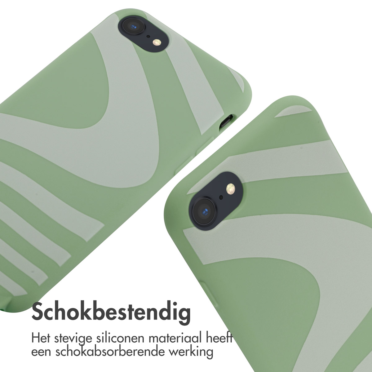 Twee groene telefoonhoesjes met een golvend wit patroon. De hoesjes zijn schuin en scherp.