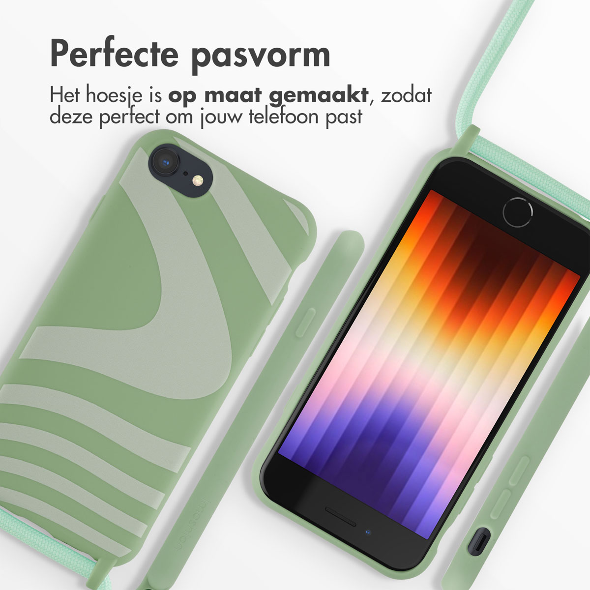 Een groene telefoonhoes en telefoon met een scherm met een kleurrijk beeld.