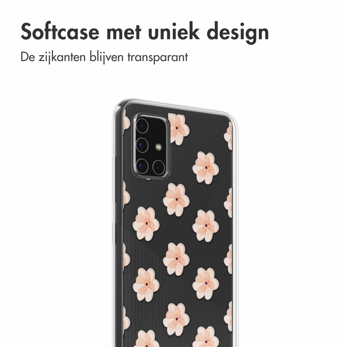 Custodia per telefono con sfondo nero e motivo floreale rosa, vista ravvicinata.