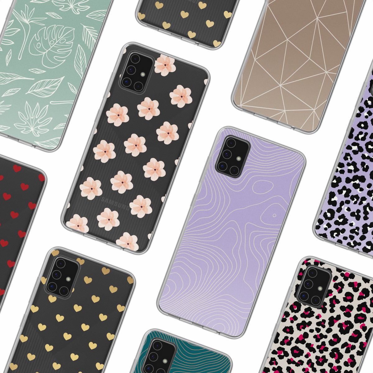 Varie custodie per telefono con motivi. Ci sono diverse custodie con disegni floreali e geometrici.