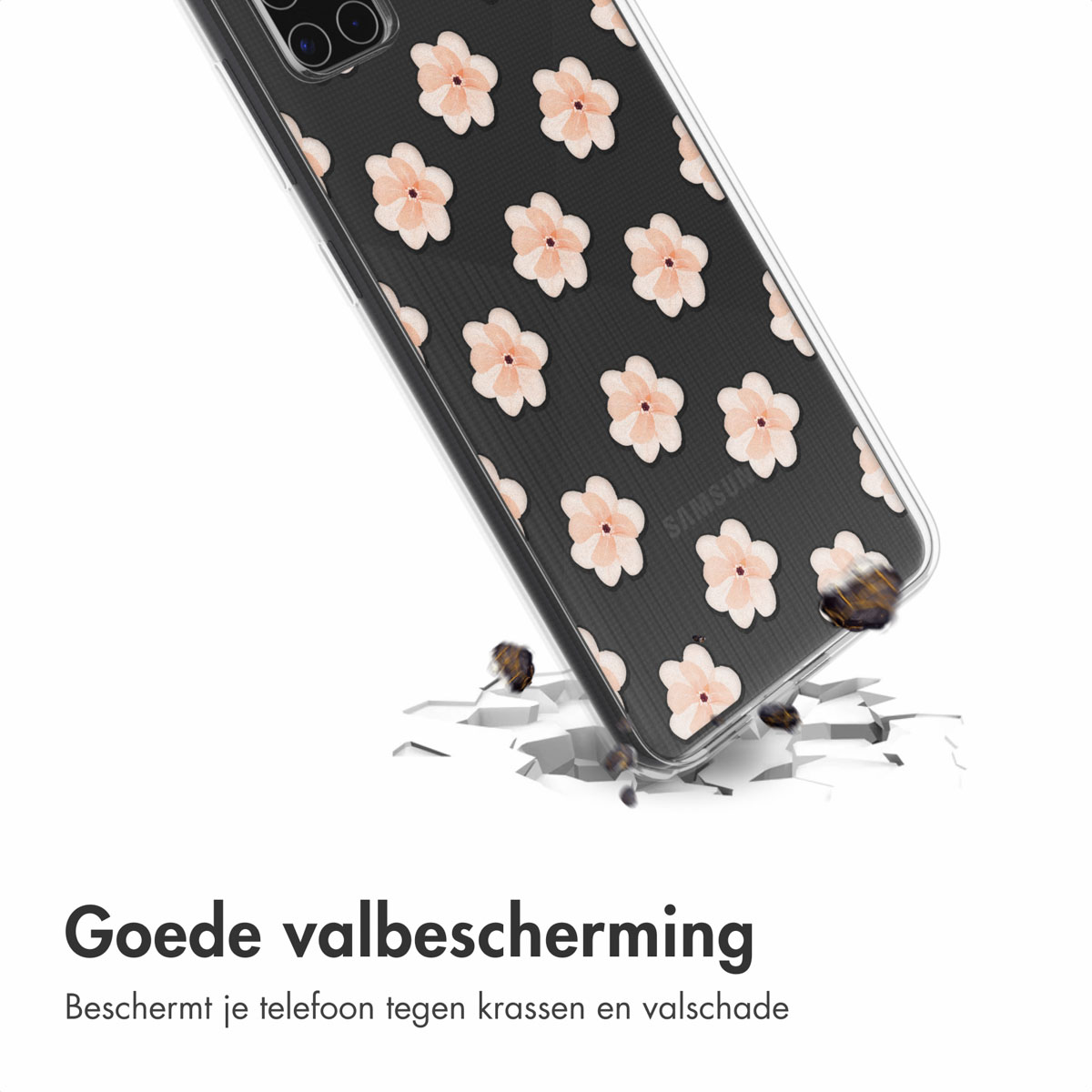 Custodia con design floreale che cade, incrinando la superficie. Testo: Buona protezione caduta.