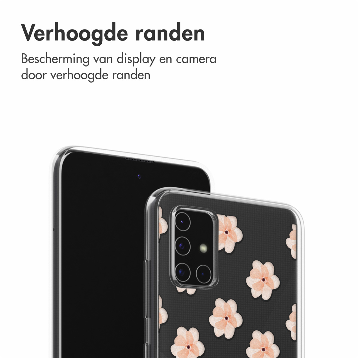 Custodia per telefono su un telefono. La custodia ha un design floreale. Il testo indica bordi rialzati per proteggere il display e la fotocamera.