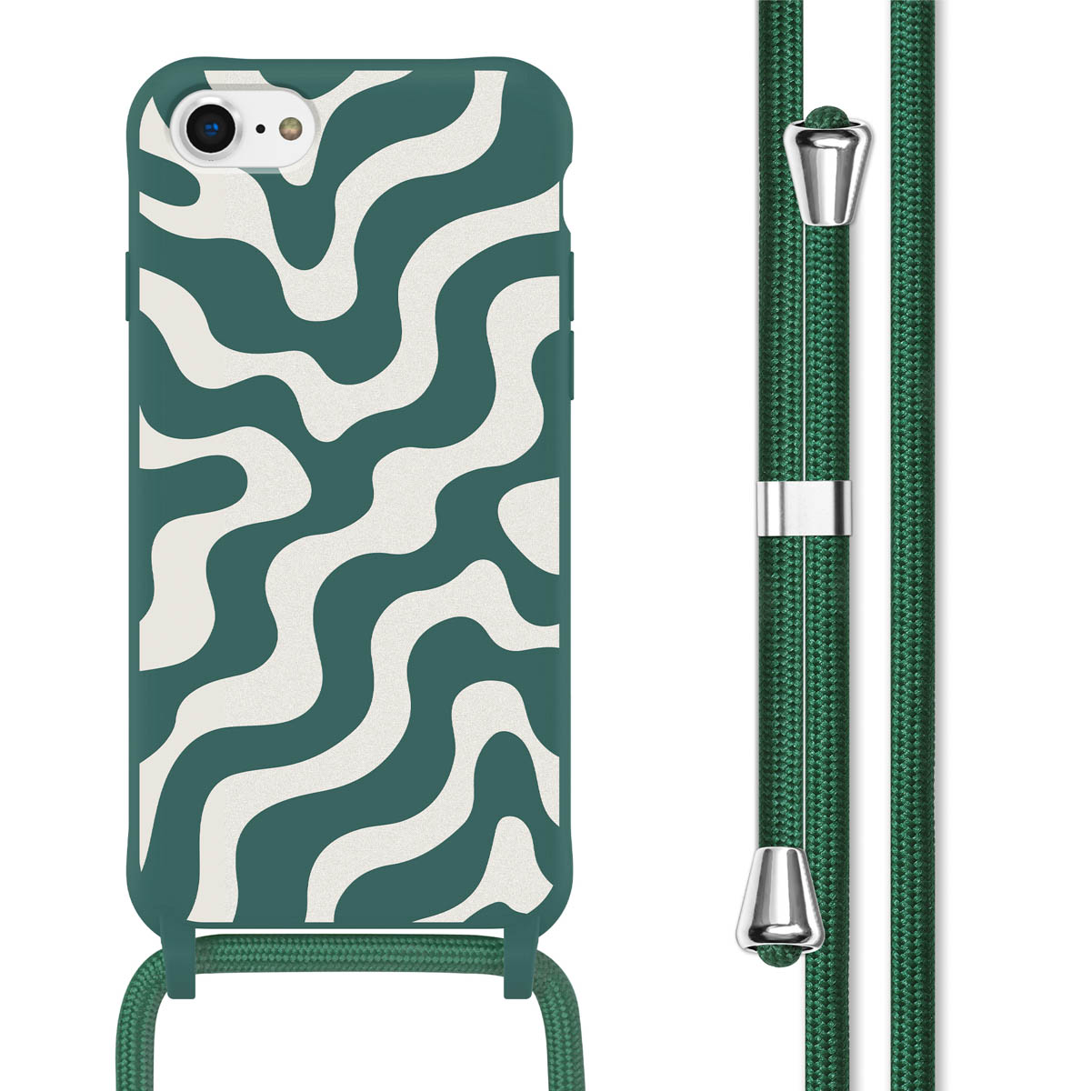 Een telefoon met een groen-wit golvenpatroon hoesje en een groen koord.