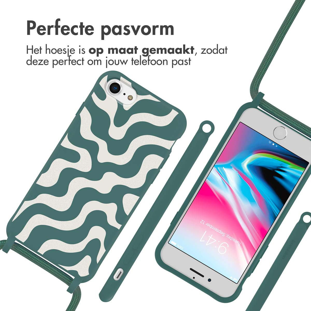 Telefoon met groene hoes en band, en een andere hoes. Witte achtergrond.