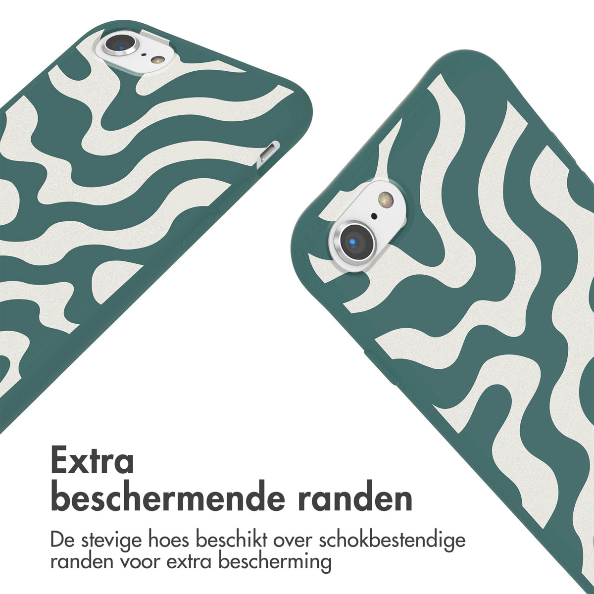 Een teal telefoonhoesje met een golvend design, schuine weergave, close-up.