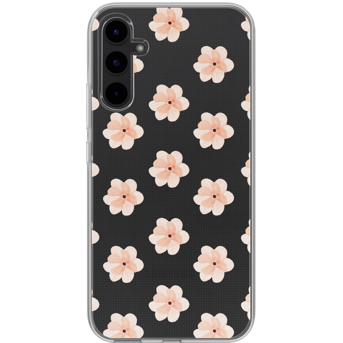 Een telefoonhoesje met zwarte achtergrond en roze bloemenpatroon. De telefoon heeft drie camera's.